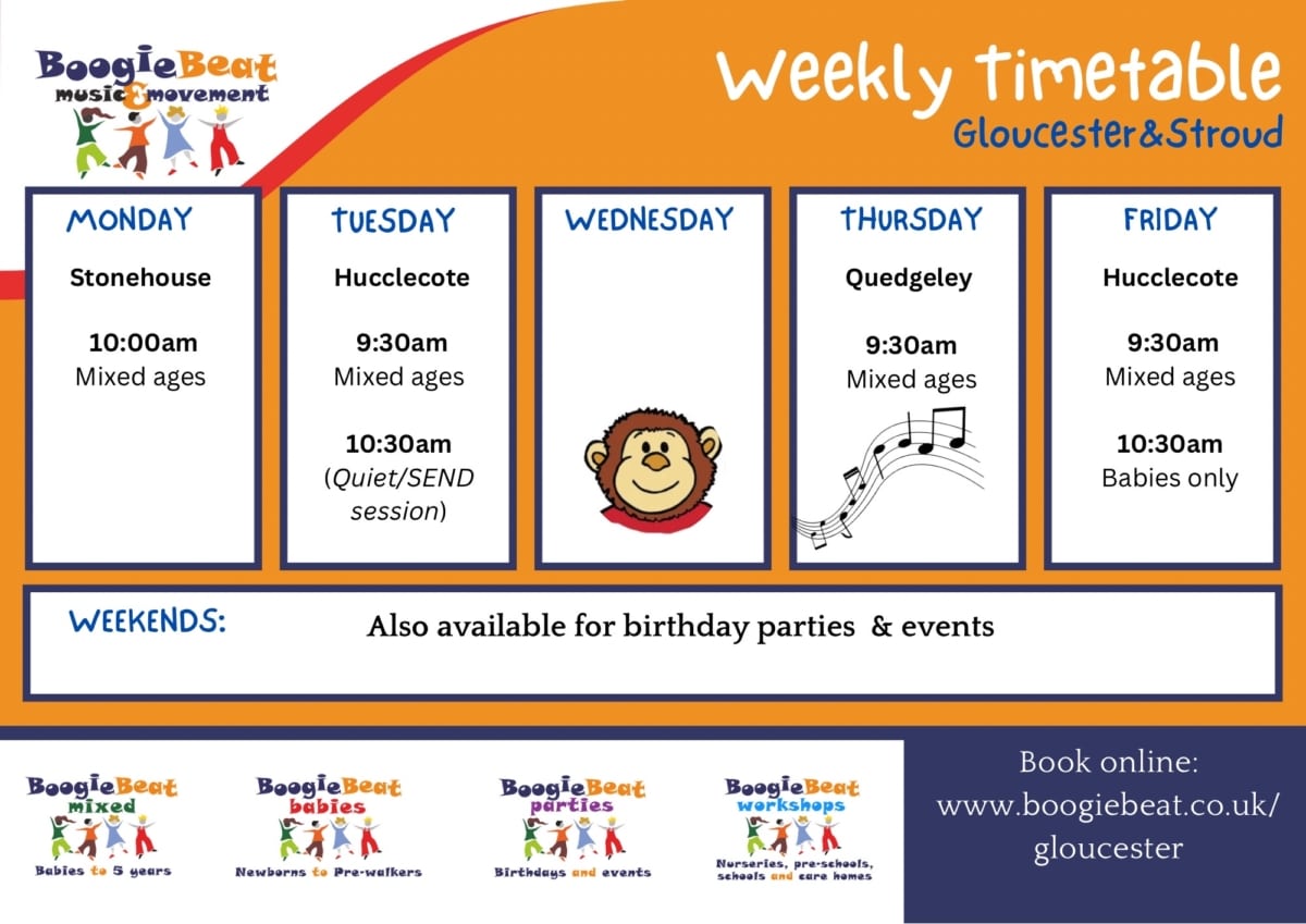 Orange background with Boogie Beat Gloucester class timetable on display