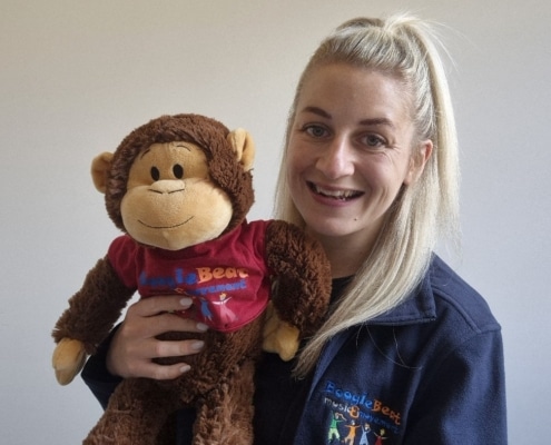 kerrie basingstoke owner, holding Giggles the Monkey