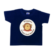 navy blue childs tshirt with a giggles the monkey logo