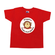 Red boogie beat childs tshirt with a giggles the monkey logo on the front