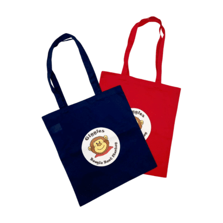 Boogie beat logo on a red or navy tote bag with long handles