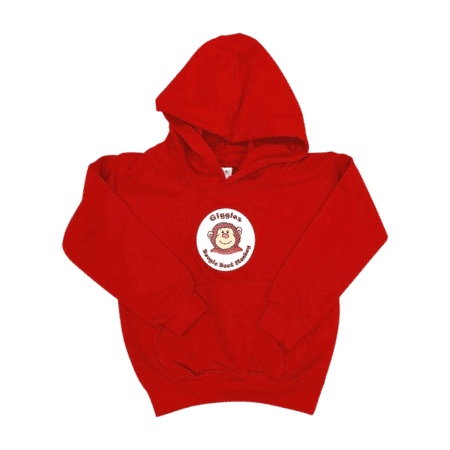 Red childs hoodie with a giggles the monkey the logo on it