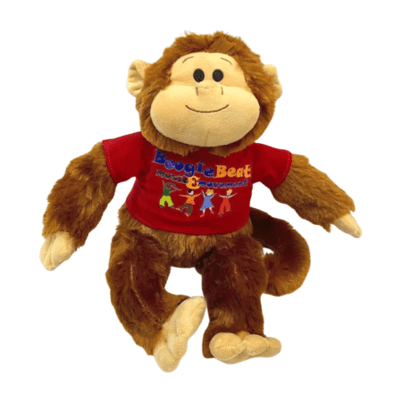 Giggles the monkey soft toy, brown fur and a red boogie beat tshirt