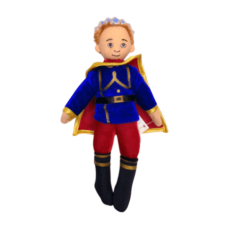 prince finger puppet wearing red trousers and blue top and has a cape