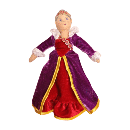 Queen puppet wearing a red dress and purple cape