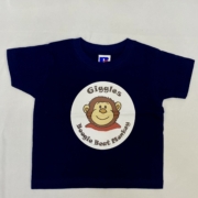 Navy blue childs boogie beat tshirt with Giggles the monkey logo