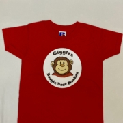 Red boogie beat tshirt with Giggles the Monkey logo