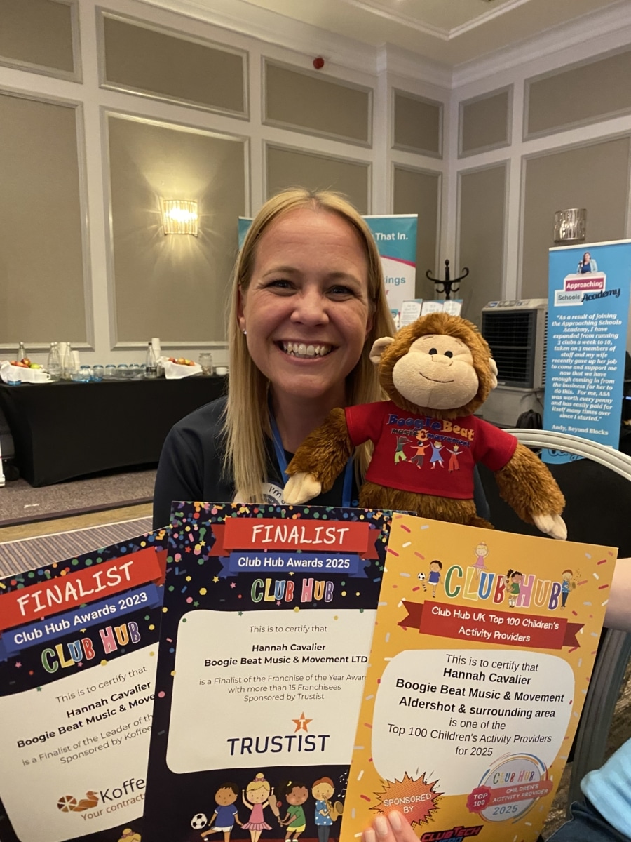 Hannah and Giggles the Monkey with their Club Hub Awards