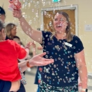 Jodie franchisee in Gloucester with her Bubble machine